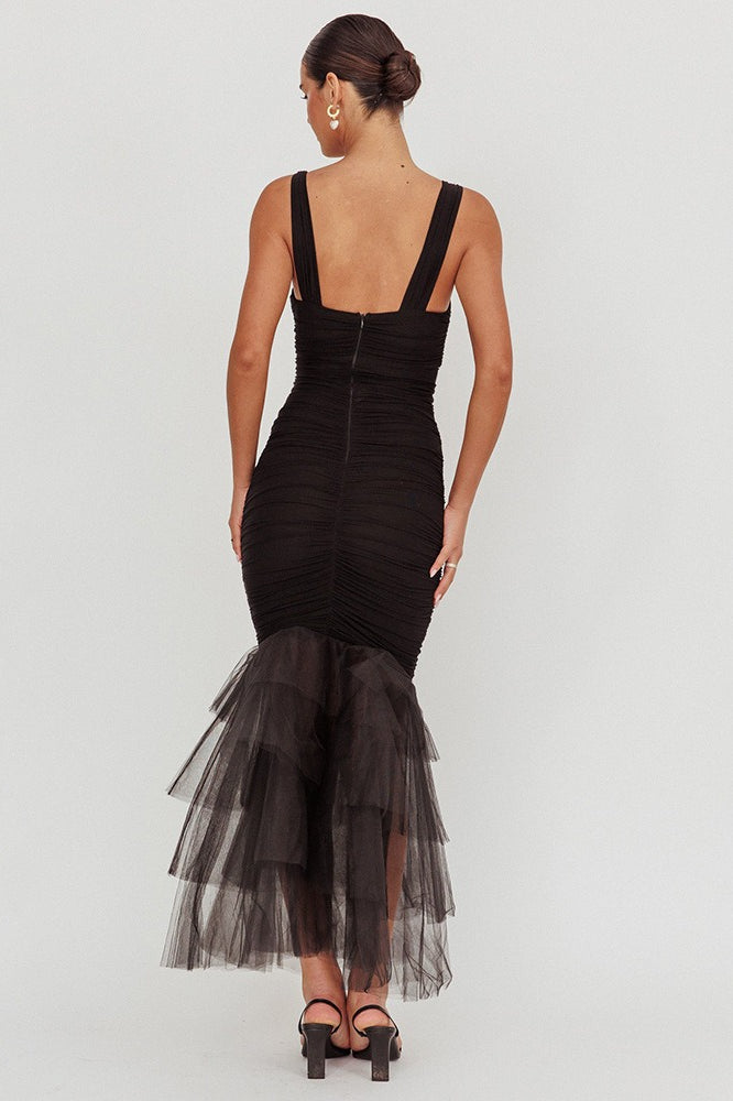 Mesh Insert Sexy Spaghetti Strap Ruched Prom Dress