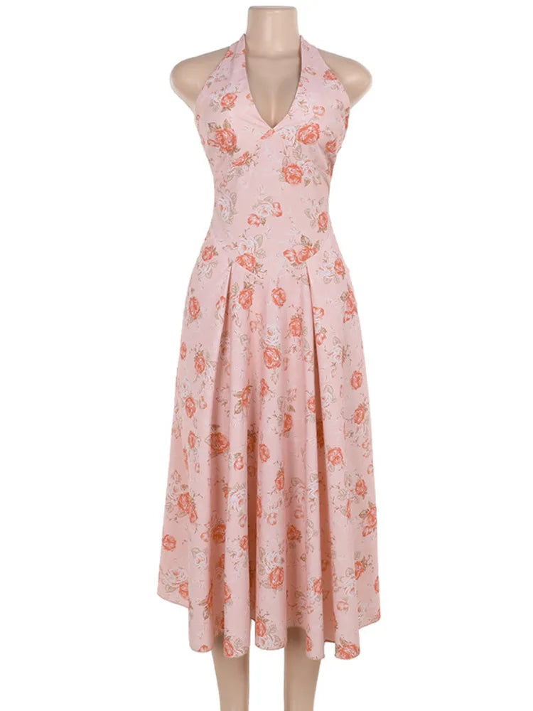 Sexy Print Deep V-neck Sleeveless Backless Neck-mounted Dress Women Slim High Waist Birthday Party Dress Femme Outfits
