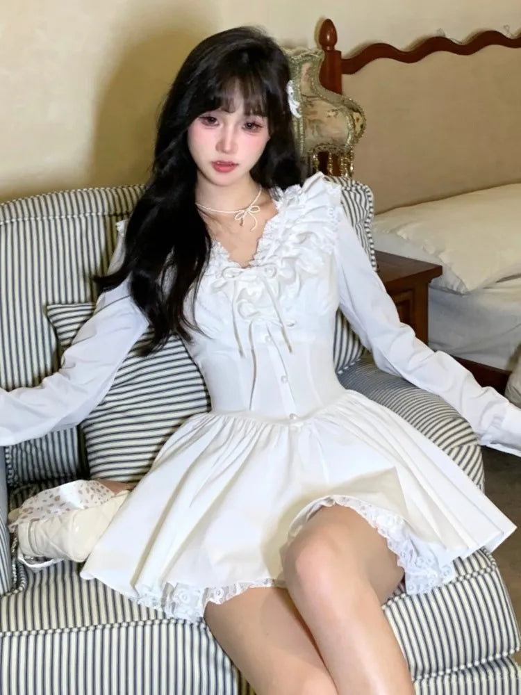 Elegant White Short Dresses for Women Lace Ruffles V-neck A-line Birthday Party Dress Korean Korean Y2K One Piece Mini Vestido