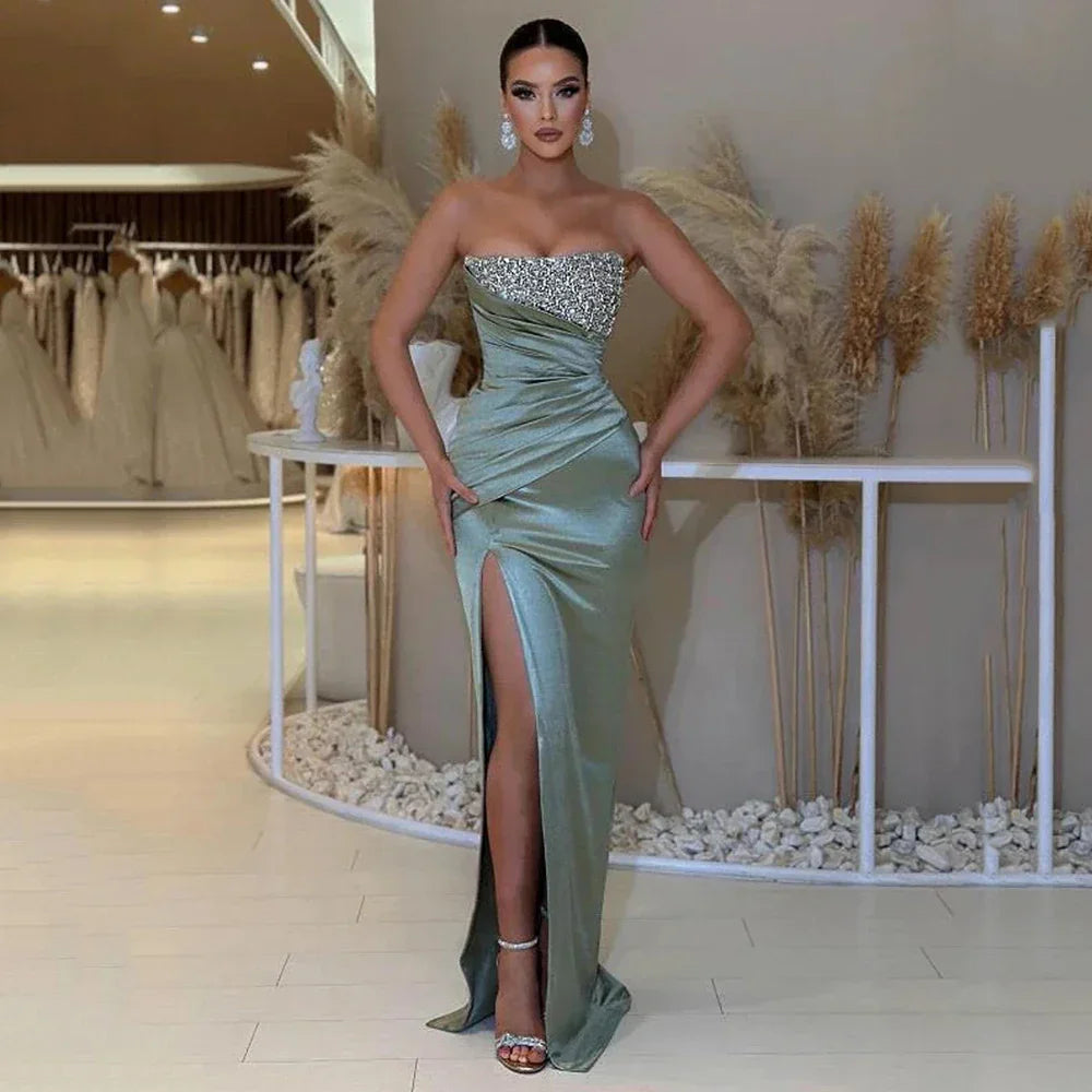 Ruched Satin Beading Prom Dress