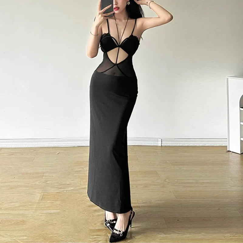 Summer Dress Women Sexy Solid Color Hollow Out Spaghetti Strap Sleeveless Mesh Bodycon Dress Evening Party Dresses