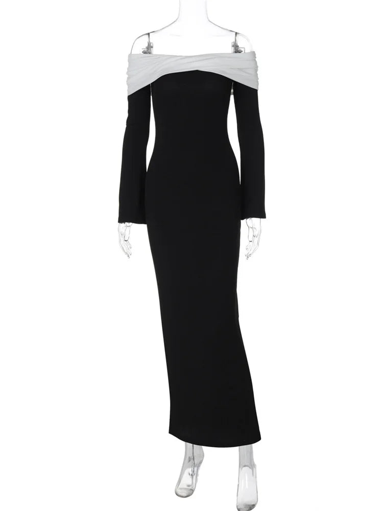 Elegant Contrast Slim Maxi Dress Female Off-Shoulder Fashion Twist Long Sleeve Patchwork Dress Ladies Party Dress Clothes