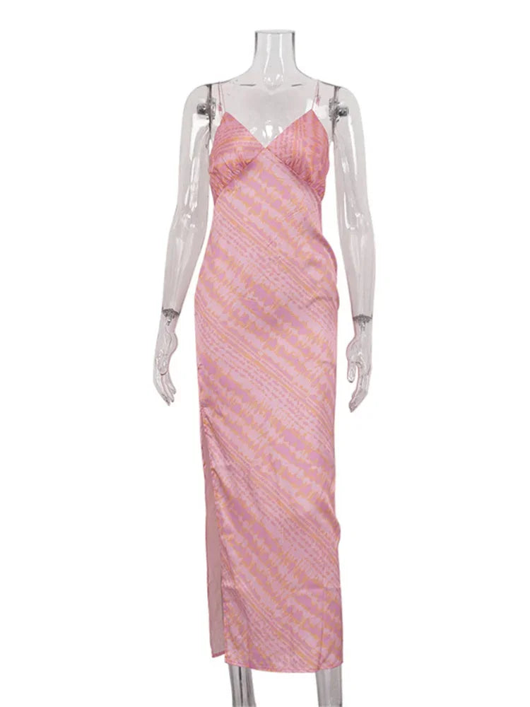 Sexy Printed Contrast Maxi Dress Women’s V-Neck Backless Side Split Fashion Slim Autumn Party Dress Female Clothes