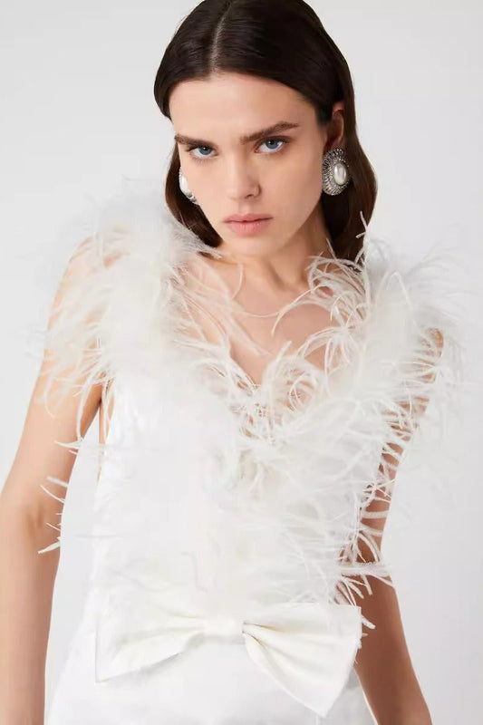Ostrich Feather Trim Gown Prom Dress