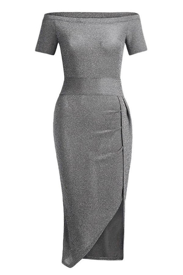 Elegant Solid Slit Sequined Off the Shoulder Wrapped Skirt Dresses(3 Colors£©