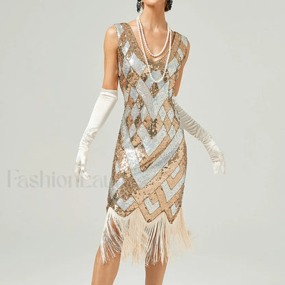 1920s Vintage Flapper Great Gatsby Party V-Neck Sleeveless Sequin Beaded Tassel Sun Vestidos Prom Dress