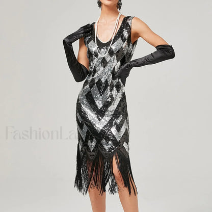 1920s Vintage Flapper Great Gatsby Party V-Neck Sleeveless Sequin Beaded Tassel Sun Vestidos Prom Dress
