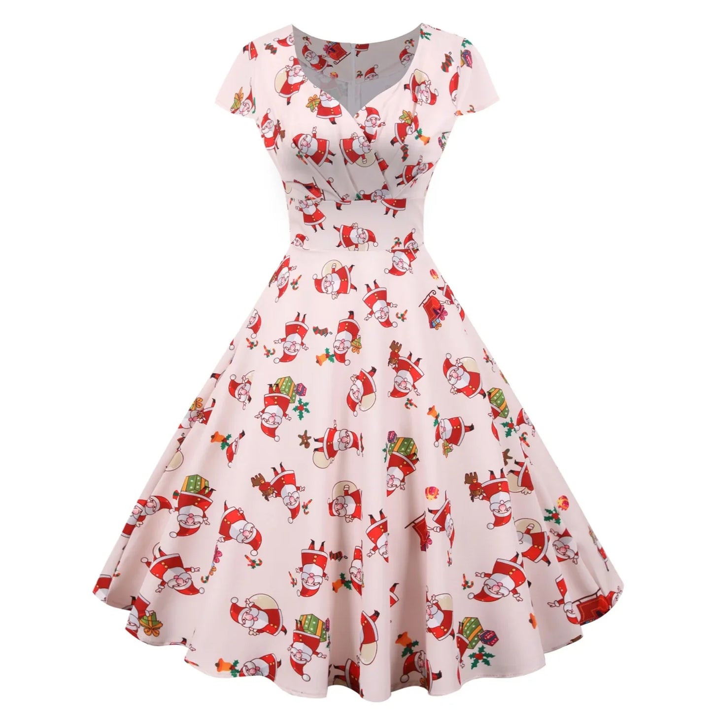2025 Christmas Festival Dress Up Party Dresses Women Fashion Print Folds V-neck A-line Dress Lady Vintage Commuting Vestidos New