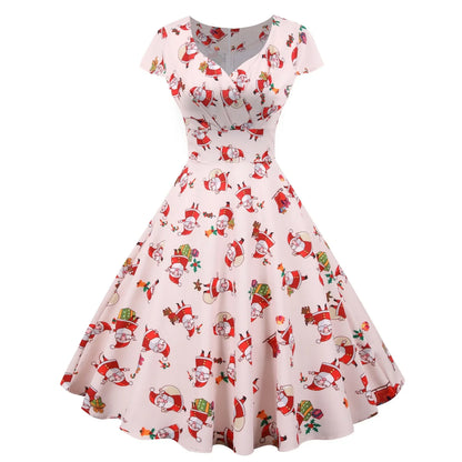 2025 Christmas Festival Dress Up Party Dresses Women Fashion Print Folds V-neck A-line Dress Lady Vintage Commuting Vestidos New