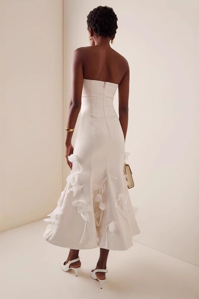 White Strapless 3D Floral  High Waist Prom Dress