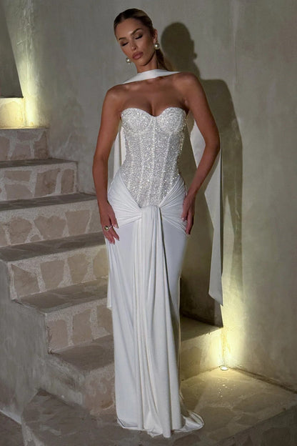 Ribbon Strapless Corset Maxi Evening Prom Dress