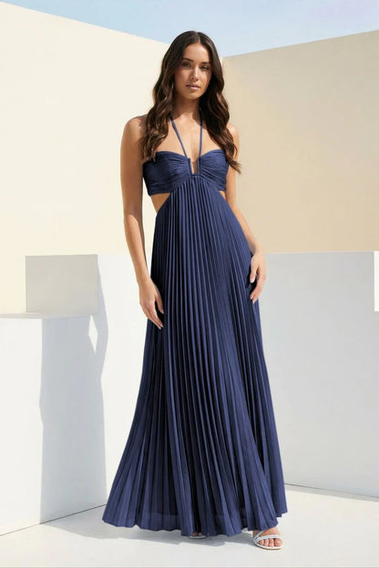 Sky Blue Halter Pleated Satin A Line Prom Dresses With Cutout