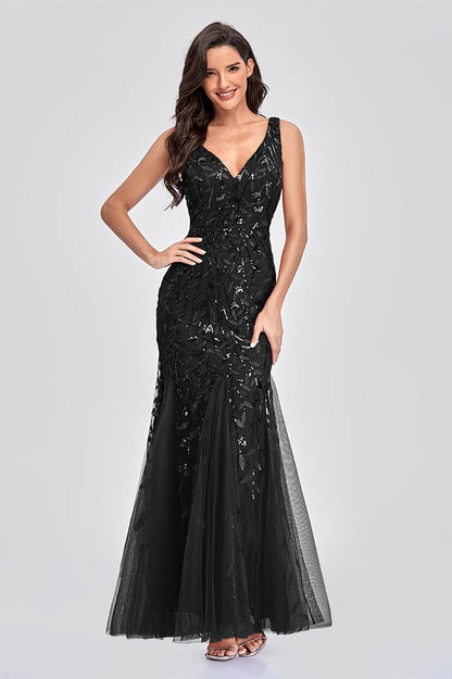 V Neck Sheer Embroidered Sequin Sexy Prom Dress