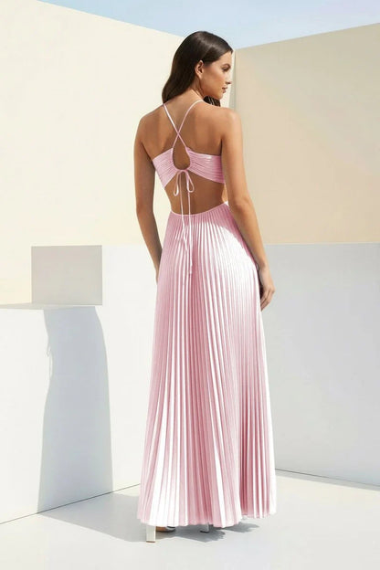 Sky Blue Halter Pleated Satin A Line Prom Dresses With Cutout