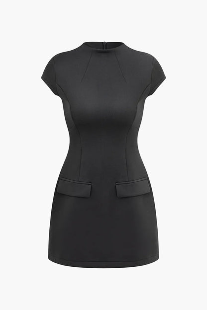 Calliope Solid Black Round Neck Short Sleeve Midi Party Dress