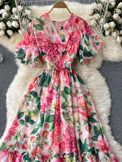 Elegant Party Dress Women Chiffon Printed Floral Long Dresses Ladies Short Sleeve Sexy V-neck Beach Maxi Dress Vestidos