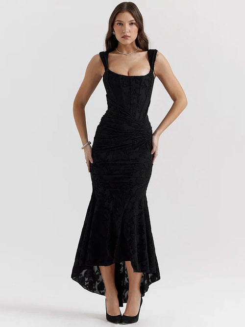 Elegant Backless Pleated Sexy Maxi Dress For Women Off-shoulder Spaghetti Strap Sleeveless Bodycon Club Party Dress