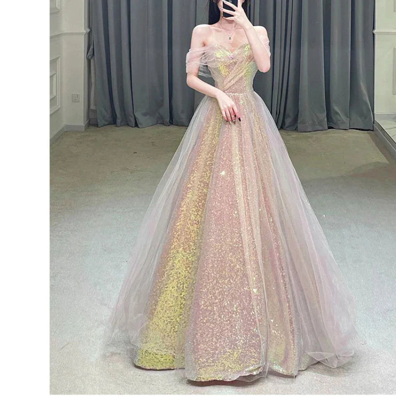 New Mesh High-waisted Slim-fitting Mermaid Toasting Evening Dress Fashionable Temperament One-shoulder Long Party Dresses Women