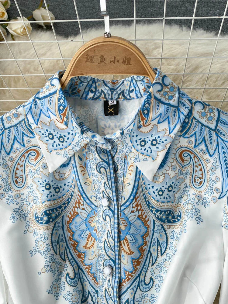 Retro Printed Party Dress Women Polo Collar Long Sleeve Elegant Long Dresses Spring Autumn French Single Breasted Shirt Dress