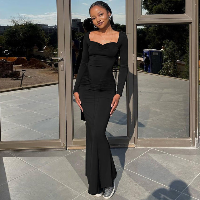 2025 Elegant Long Sleeve Party Dresses Sexy High Waist Slim Fit Women’s Evening Dress Fashion Solid Color Pleated Long Dresses