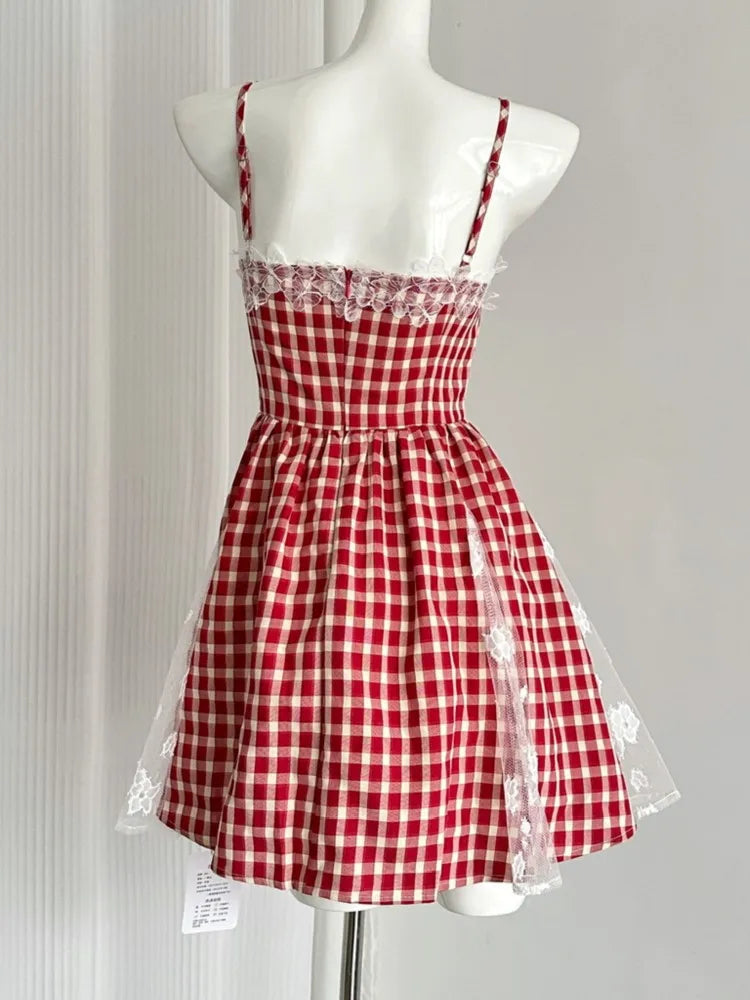 Y2K Red Plaid Mini Dresses for Women Spaghetti Strap Lace Patchwork A-line Birthday Party Dress Korean Fashion One Piece Vestido