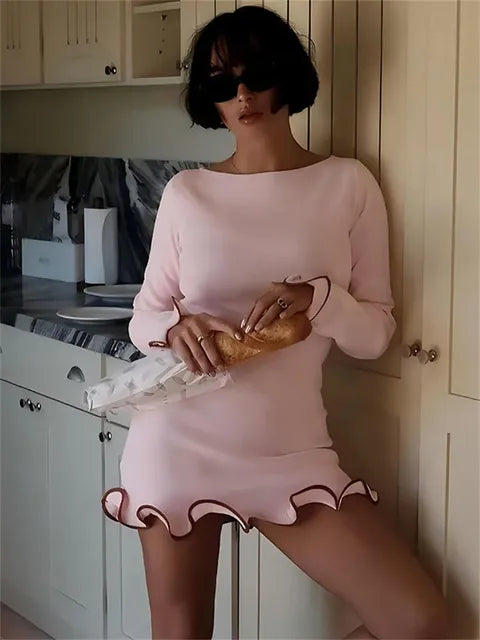 Ruffled Autumn Fashion Mini Dress Women’s Slim Long Sleeve Patchwork Elegant  Party Dress Casual Female Mini Dress New