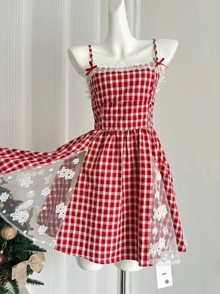 Y2K Red Plaid Mini Dresses for Women Spaghetti Strap Lace Patchwork A-line Birthday Party Dress Korean Fashion One Piece Vestido