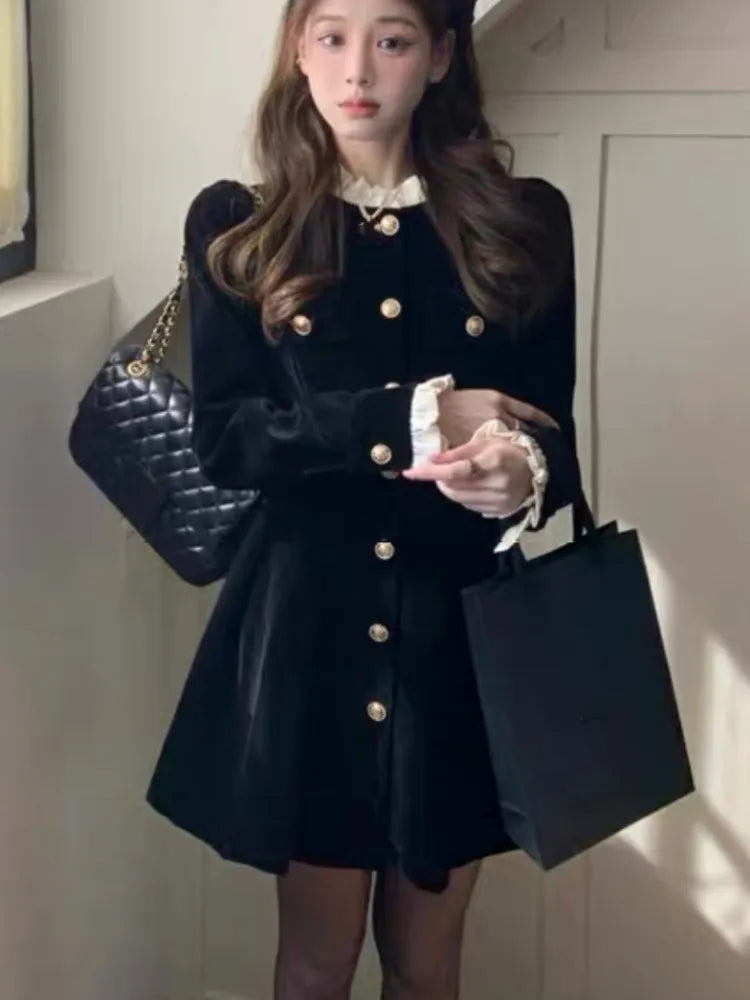 Autumn Black Velvet Dresses for Women Long Sleeve Single Breasted Evening Party Dress Korean Fashion A-line Vestido Mujer New