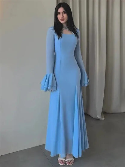 Fashion Autumn Ruffled Long Dress Women Bandage Slim High Waist Elegant Patchwork Party Dress Women’s Chiffon Maxi Dress
