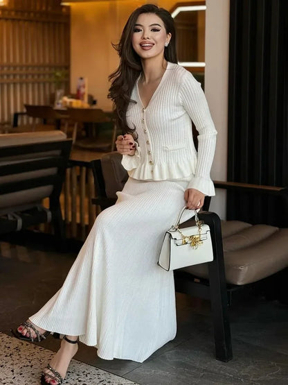 Ruffle Slim Knitted Dress Women’s V Neck Long Sleeve Mermaid Long Dresses Elastic Button Patchwork Elegant Party Dress