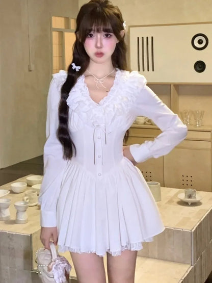 Elegant White Short Dresses for Women Lace Ruffles V-neck A-line Birthday Party Dress Korean Korean Y2K One Piece Mini Vestido