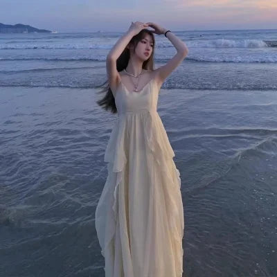 New Spaghetti Strap Elegant Dresses for Women Summer Ruffles A-line Holiday Beach Style Casual Party Dress Y2K Vestidos Mujer