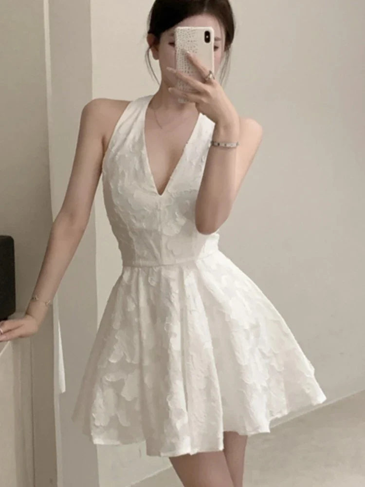 Y2K Halter Backless Short Dresses for Women V-neck Jacquard Sleeveless A-line Birthday Party Dress Prom Mini Vestidos Mujer New