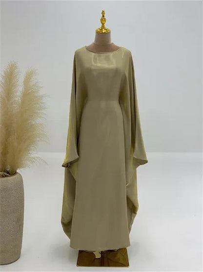 Autumn Loose Shiny Maxi Dress Women’s Butterfly Batwing Long Sleeve Muslim Clothes Party Dress Solid Female Long Dress New