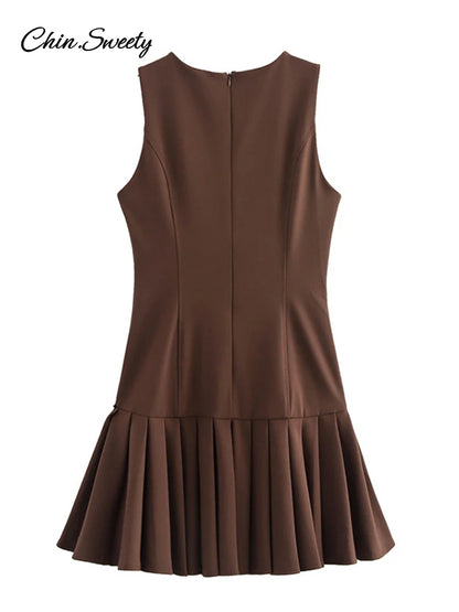 Elegant Pleated Mini Dress Women Brown O-Neck Sleeveless A Line High Waist Party Dresses  Fashion Casual New Zipper Robes