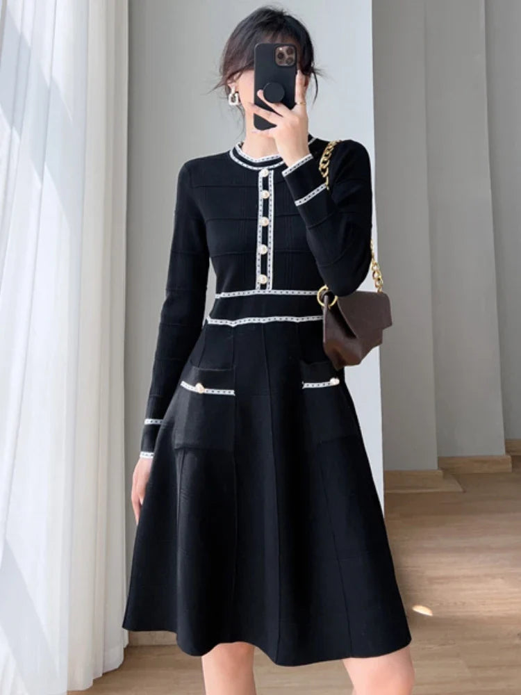 Spring Vintage Party Dresses Women Elegant Slim Knitted Midi Dress A-line Lady Korean Fashion Autumn Vestidos Mujer