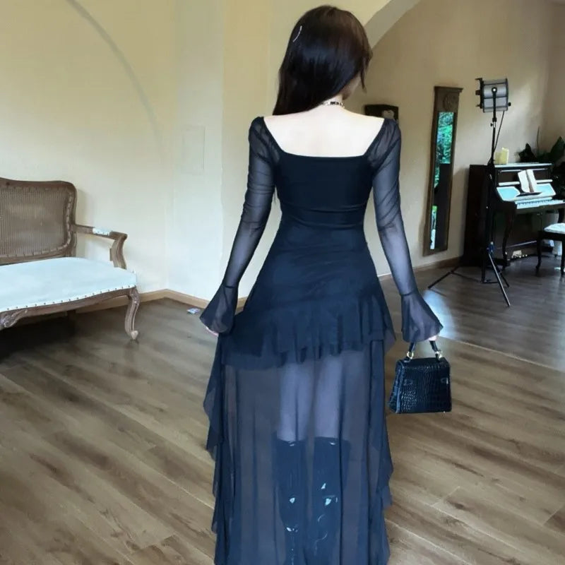 Y2K Irregular Evening Party Dress Mesh Long Sleeve Square Collar Ruffles A-line Sexy Dresses for Women Korean Fashion Vestidos