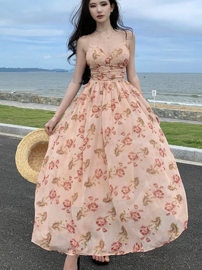 Summer New Spaghetti Strap Floral Long Dresses for Women Backless A-line Beach Style Korean Fashion Party Dress Casual Vestidos