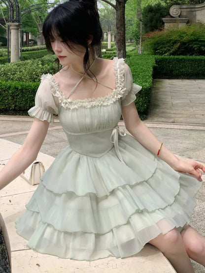 Y2K Princess Birthday Party Dress Lace Patchwork Short Dresses for Women Puff Sleeves Ruffles A-line Cake Vestido Mujer  New