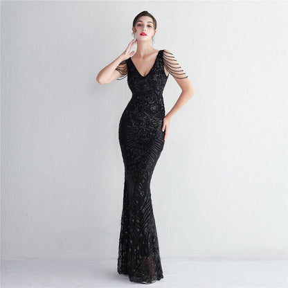 Sexy V-neck Sleeveless Dress with Stones and Crystals Fashion Sequins Tassel Elegant Women Party Dresses High Waisted Long Dress