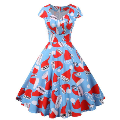 2025 Christmas Festival Dress Up Party Dresses Women Fashion Print Folds V-neck A-line Dress Lady Vintage Commuting Vestidos New