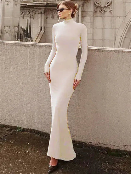 Skinny Turtleneck Backless Maxi Dress Women’s Patchwork High Waist Solid Fashion Hollow Out Party Dress Female Long Dress
