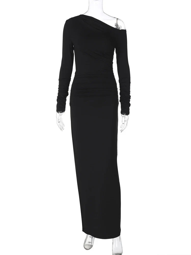 White Skew Collar Long Sleeve Maxi Dress For Women  Autumn Winter New Bodycon Elegant Party Dress Female High Waist