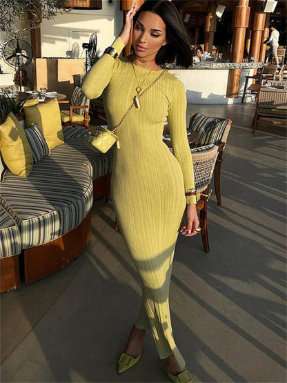 Fashion Autumn Slim Maxi Dress For Women High Waist Patchwork Ribbed Elegant Party Dress Ladies Solid Long Dress Clothes