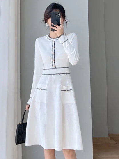Spring Vintage Party Dresses Women Elegant Slim Knitted Midi Dress A-line Lady Korean Fashion Autumn Vestidos Mujer