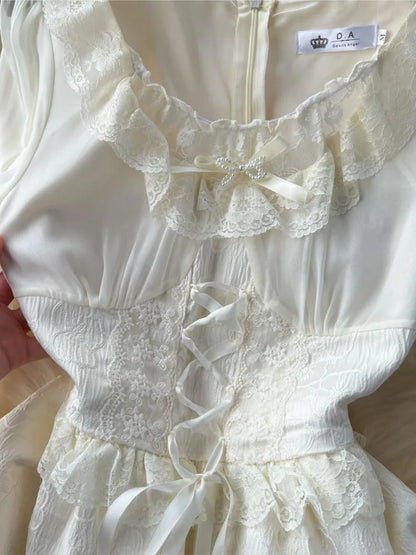 Autumn Elegant Wedding Princess Party Dress Women Korean Jacquard Fairy Vintage Lace-up Lantern Sleeve Dresses Vestidos
