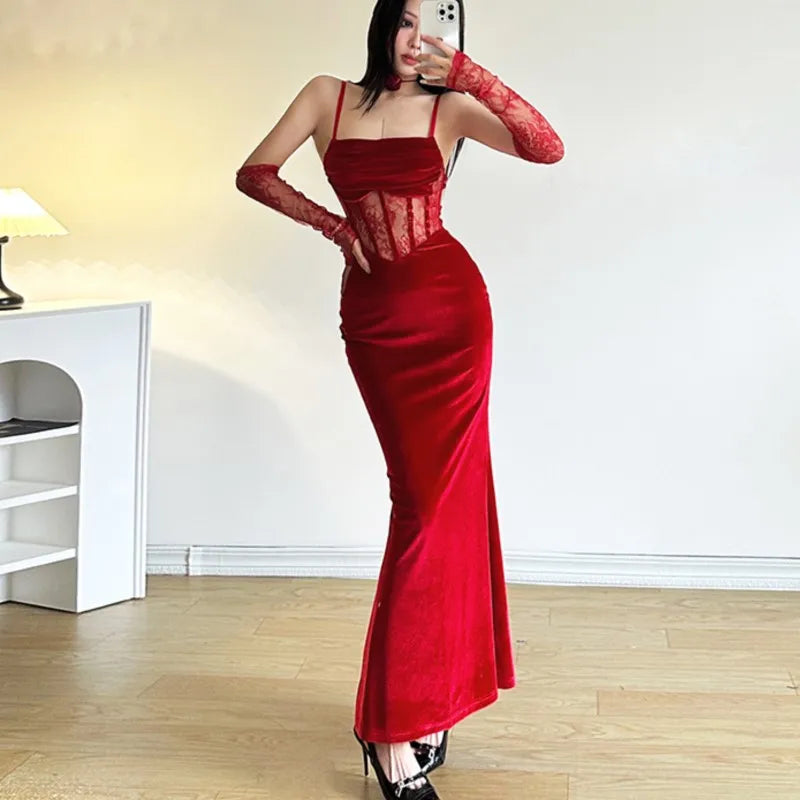 Sexy Bodycon Velvet Dresses for Women Spaghetti Strap Corset Slim Waist Slit Evening Party Dress Prom Robe Christmas Vestidos