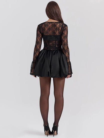 Black Lace Puffball Sexy Mini Dress For Women Fashion Lace-up Sheer Long Flare Sleeve High Waist Club Party Dress