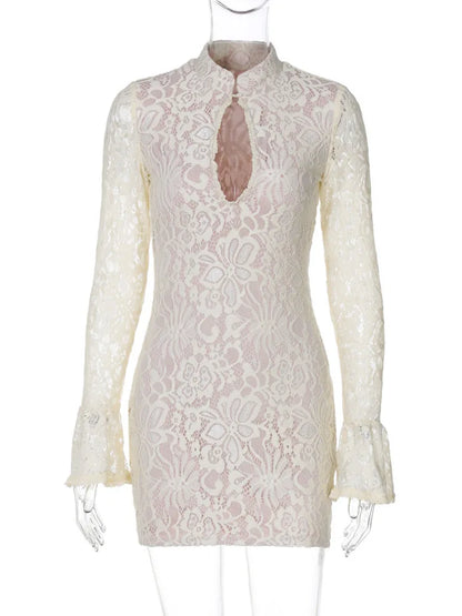 Lace Hollow Out Long Sleeve Sexy Mini Dress For Women Fashion Half High Collar Bodycon Club Party Dress Elegant Dresses