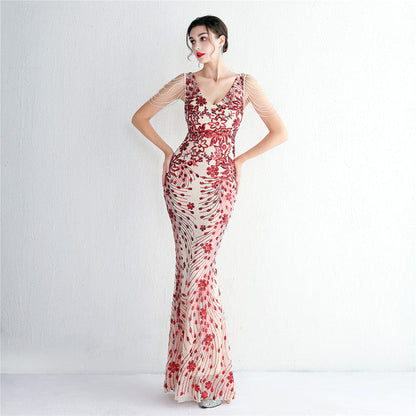 Sexy V-neck Sleeveless Dress with Stones and Crystals Fashion Sequins Tassel Elegant Women Party Dresses High Waisted Long Dress